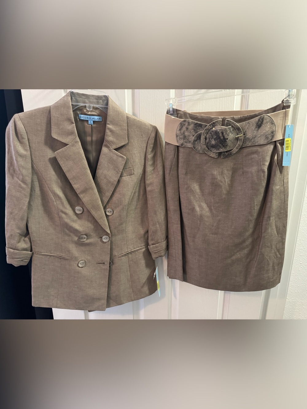 ANTONIO MELANI Brown Linen-Blend Double-Breasted Blazer & Skirt